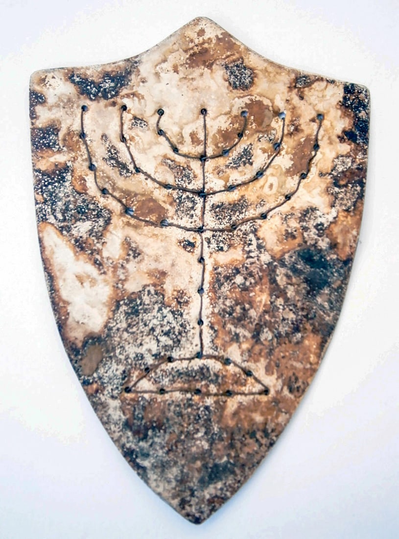 JEWISH WWII SHIELD w. MENORAH, METAL EMBROIDERY: Great Display Piece with Huge Historical Value! JEWISH WWII SHIELD with MENORAH, METAL EMBROIDERY from LITZMANNSTADT in POLAND Jewish WWII shield featuring a Menorah and metal embroidery, originating 
