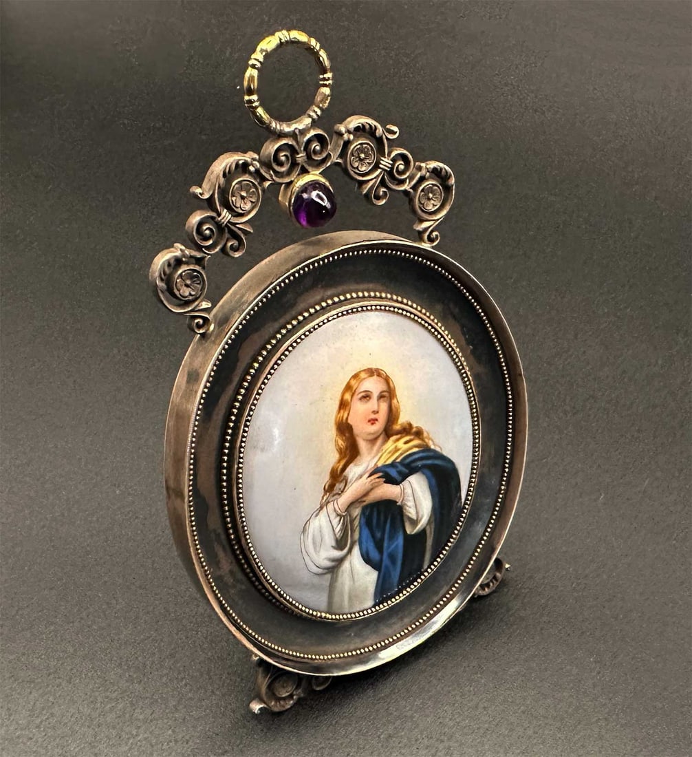 GOLD & SILVER PICTURE FRAME w. PORCELAIN MOTHER of GOD (1 of 19)