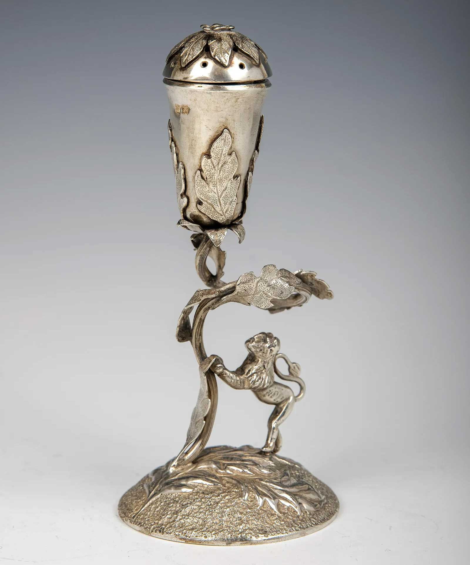 LARGE SILVER SPICE CONTAINER, JUDAICA POLAND: Great Display Piece! With Huge Historical Value! RARE LARGE SILVER SPICE CONTAINER, JUDAICA POLAND On an embossed round base, there is a lion holding up a branch that connects to a pomander-shaped hol