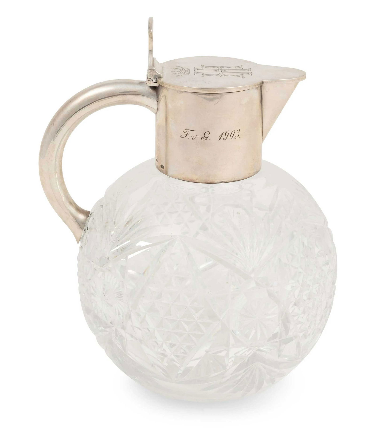 RUSSIAN SILVER MOUNTED CRYSTAL PITCHER, GRACHEV: Lifetime Warranty! RUSSIAN SILVER MOUNTED CRYSTAL DECANTER, PITCHER, GRACHEV BROTHERS, 1903 This is a bulbous spherical form with star facets, a plain collar, thumbpiece, and a rounded handle. The fla