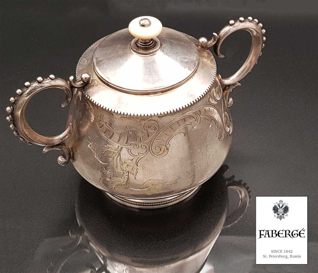 FABERGÉ - RUSSIAN LARGE SILVER SUGAR BOWL: Lifetime Warranty! A Great Investment for Many Years Ahead! FABERGÉ - RUSSIAN IMPERIAL LARGE SILVER SUGAR BOWL, 1896 An extremely nice job, as with any items made by Karl FABERGÉ. This antique Karl