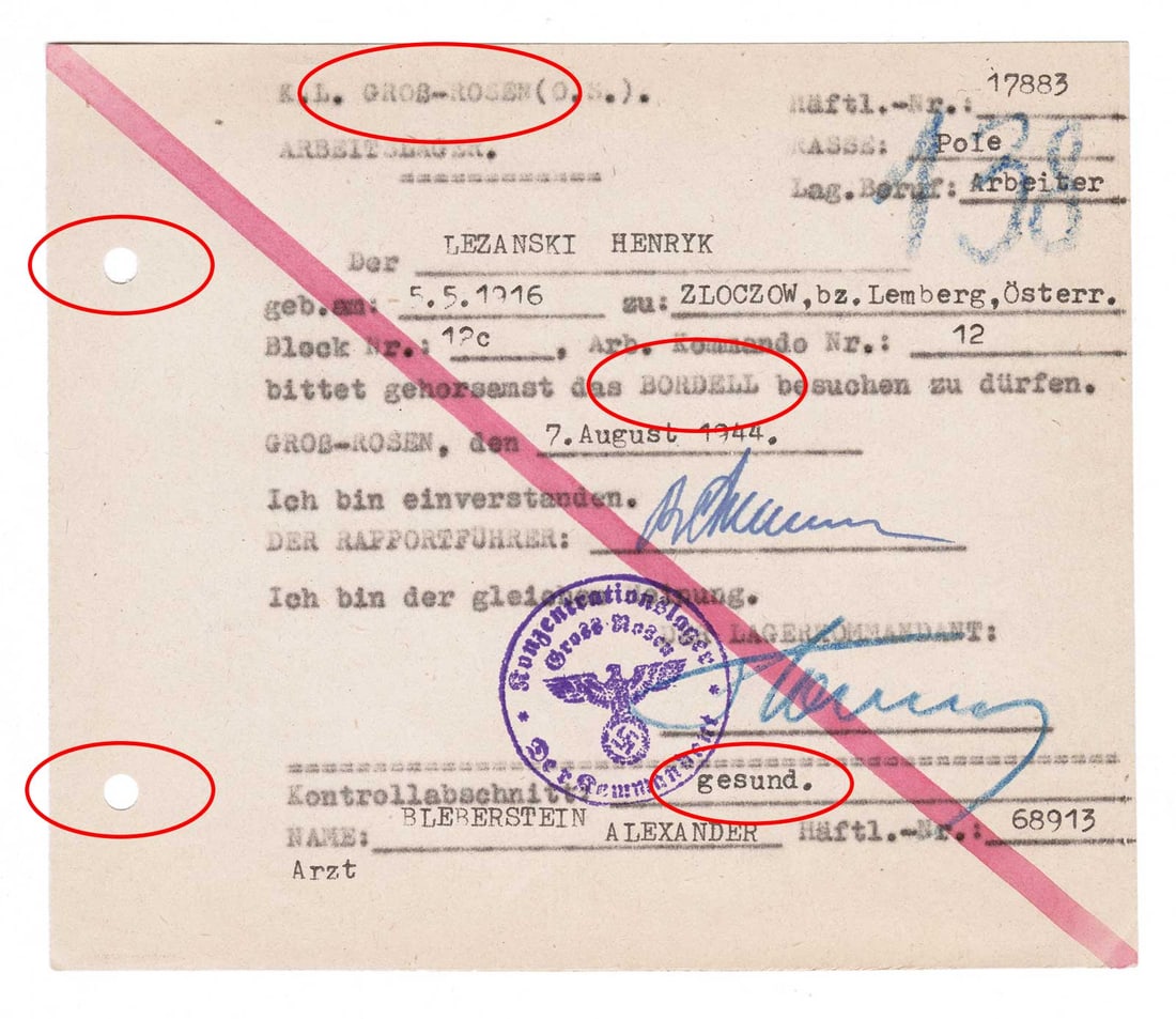 GERMAN WWII PERMISSION for BROTHEL VISIT at CONCENTRATION CAMP: Great Display Piece! With Huge Historical Value! GERMAN WWII PERMISSION for BROTHEL VISIT at CONCENTRATION CAMP, 1944 This document reveals that Henryk L., a Polish national registered as prisoner num