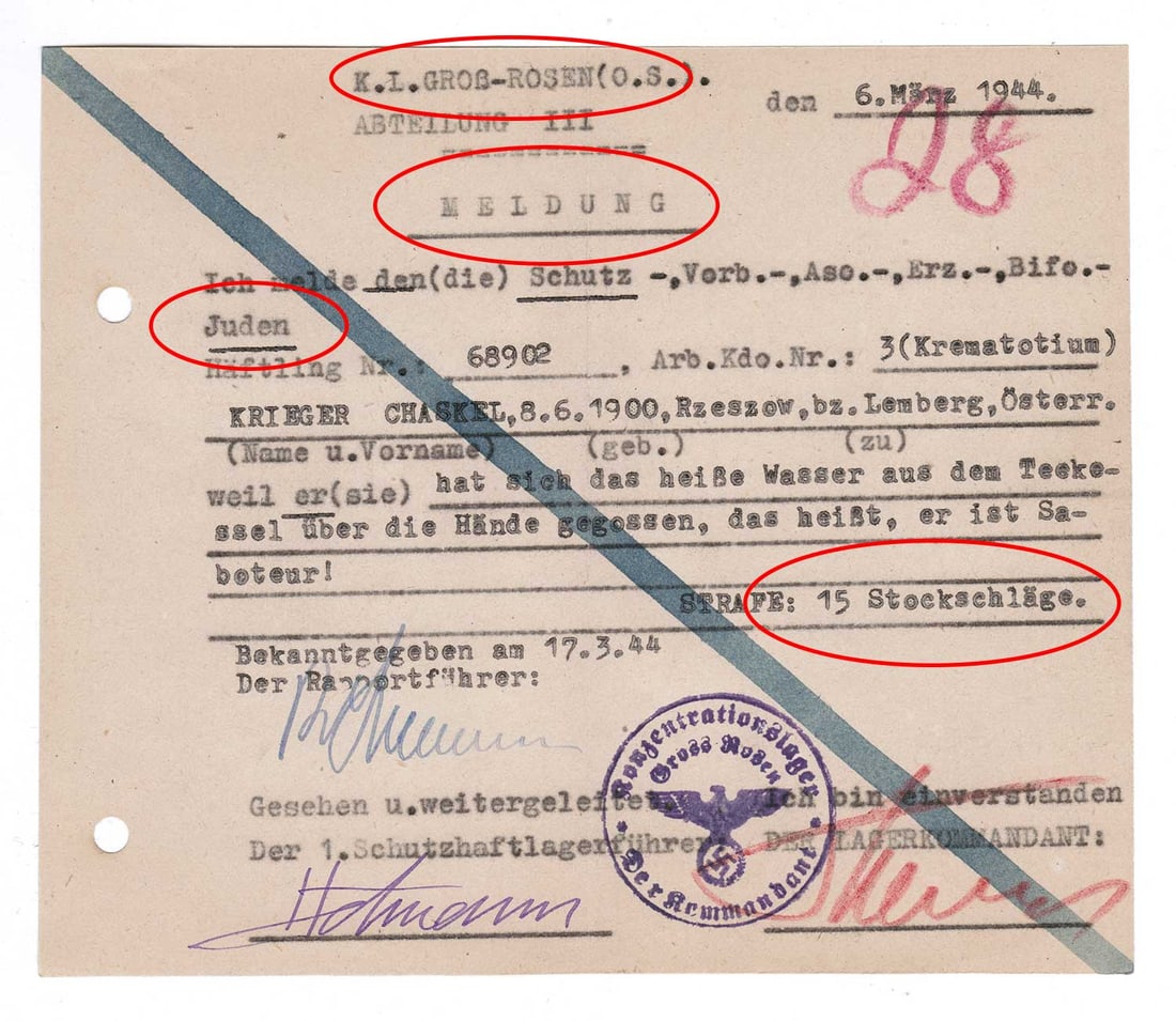 GERMAN WWII PUNISHMENT DOCUMENT for PRISONER. CONCENTRATION CAMP: Great Display Piece! With Huge Historical Value! GERMAN WWII PUNISHMENT DOCUMENT for PRISONER from a CONCENTRATION CAMP GROSS-ROSEN, 1944 Extremely rare document. Presented for your consideration is a
