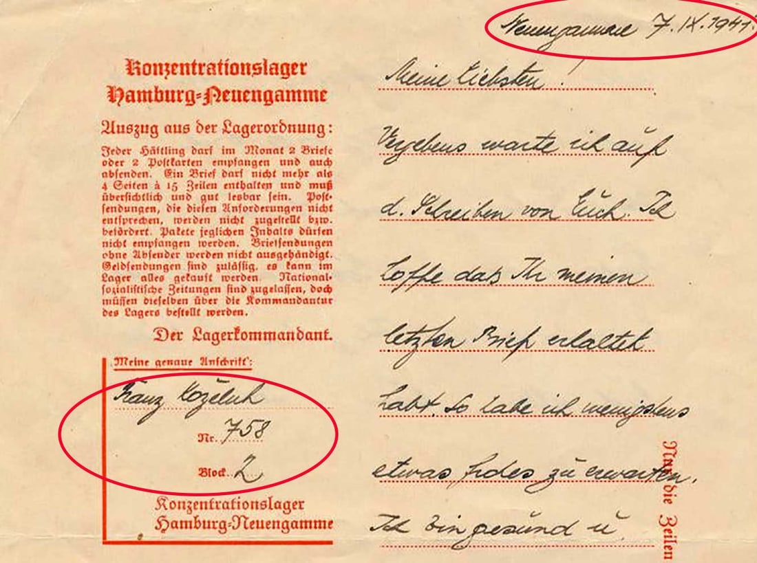 NEUENGAMME CONCENTRATION CAMP PRISONER's LETTER (1 of 11)
