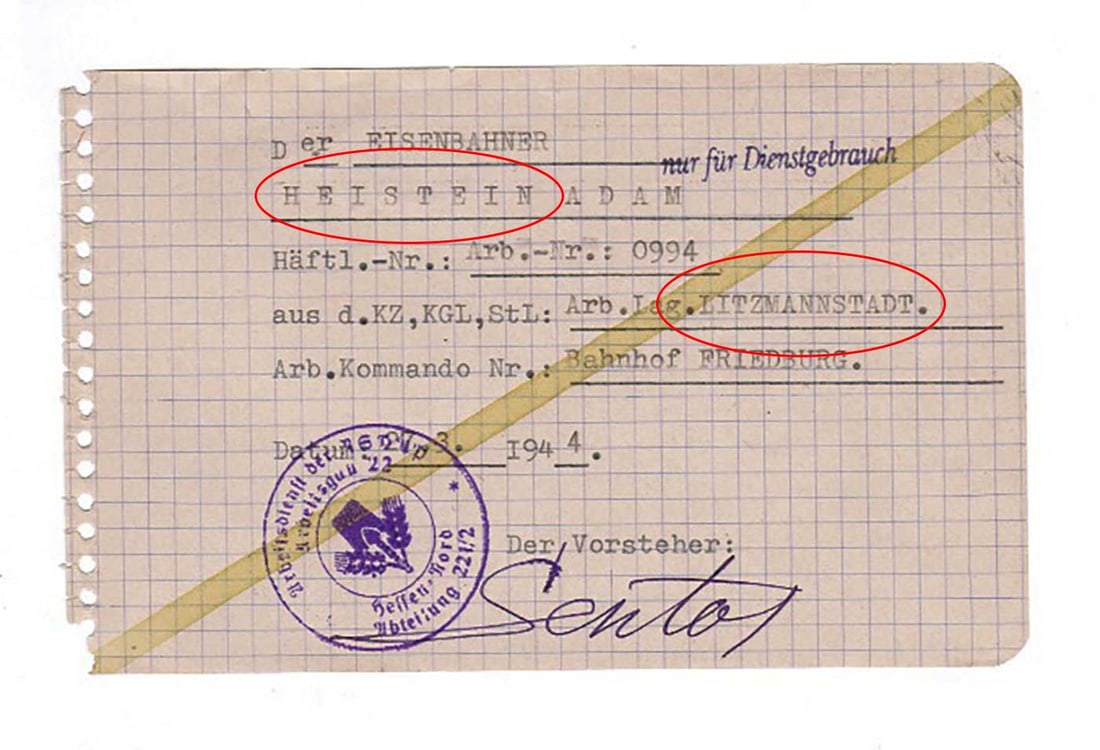 JEWISH WWII DOCUMENT fr. LITZMANNSTADT, 1944: Great Display Piece! With Huge Historical Value! JEWISH WWII DOCUMENT ORDER to WORK from LITZMANNSTADT, 1944 Presented here is a rare German WWII forced labor order issued for Heistein A., identified 