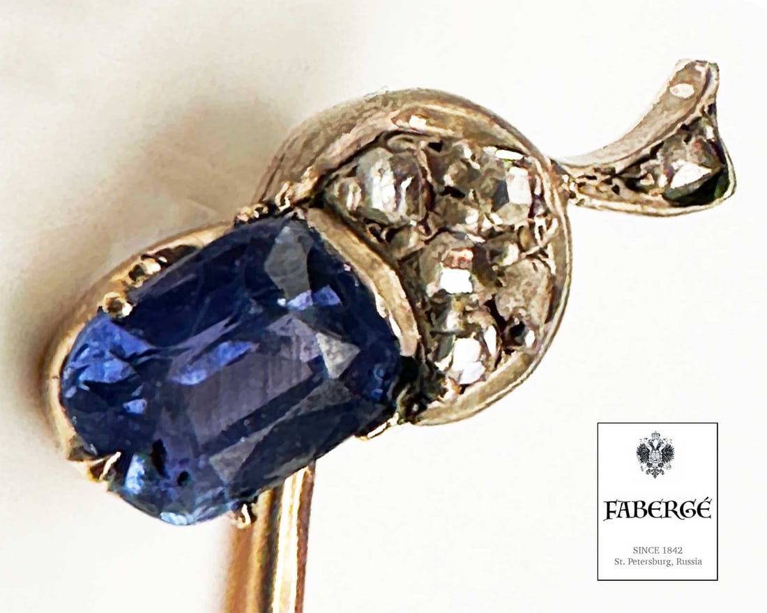 FABERGE - GOLD STICKPIN w. DIAMOND & SAPPHIRE: Lifetime Warranty! A Great Investment for Many Years Ahead! FABERGE - GOLD STICKPIN with DIAMONDs and SAPPHIRE This exquisite piece is a gold stickpin from the Russian Empire, attributed to the renown