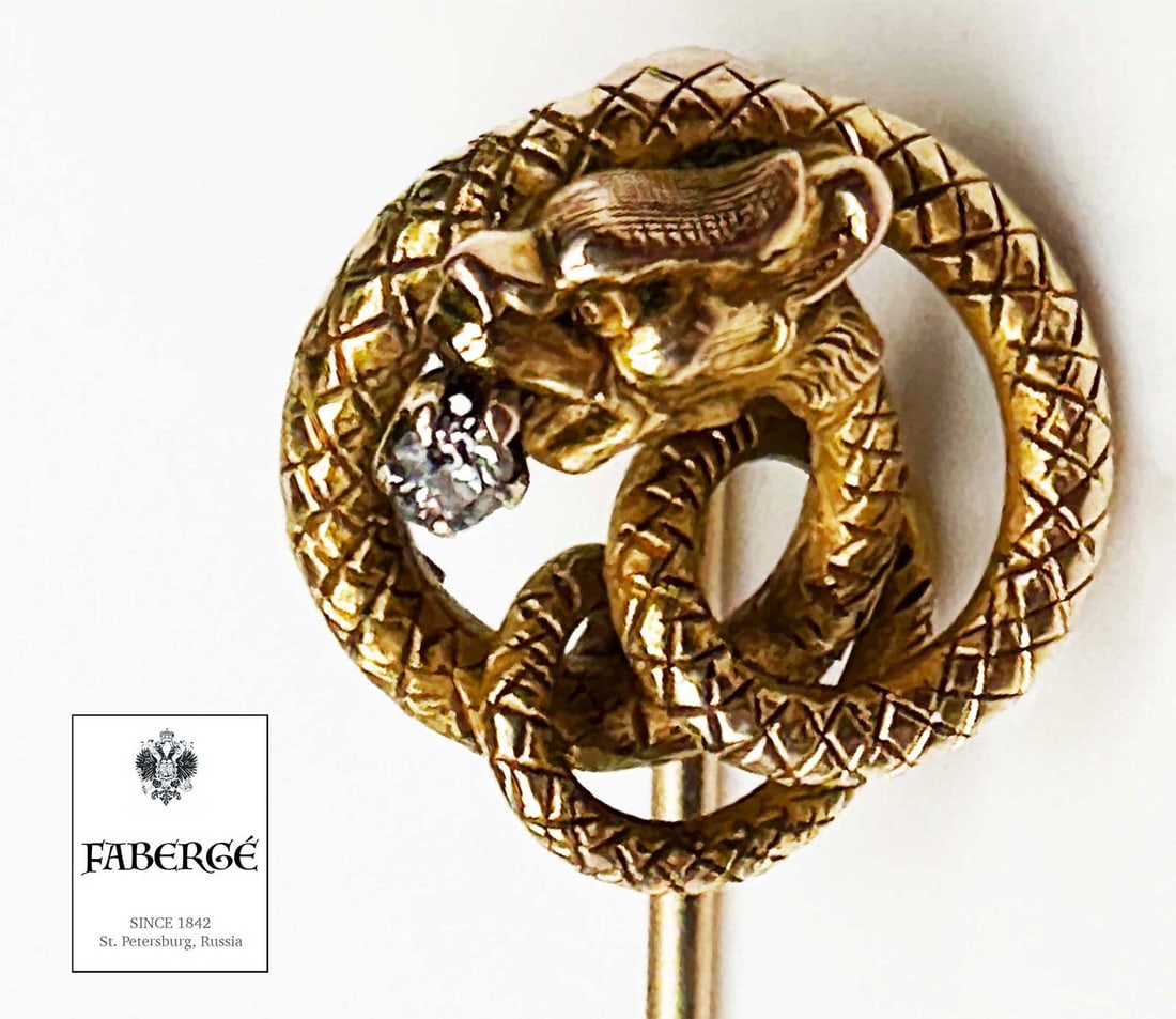FABERGE - GOLD STICKPIN w. DIAMOND, August HOLLMING: Lifetime Warranty! A Great Investment for Many Years Ahead! FABERGE - GOLD STICKPIN with DIAMOND, WORKMASTER August HOLLMING For Your Consideration presenting a beautiful gold stickpin by renowned Fab