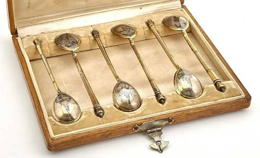 M. OVCHINNIKOV - RUSSIAN 6 SILVER TEA SPOONS, 1894: Lifetime Warranty! M. OVCHINNIKOV - RUSSIAN SET of SIX SILVER TEA SPOONS, 1894 We are pleased to present for your consideration a Russian set of six silver and niello tea spoons, crafted in 1894. Each
