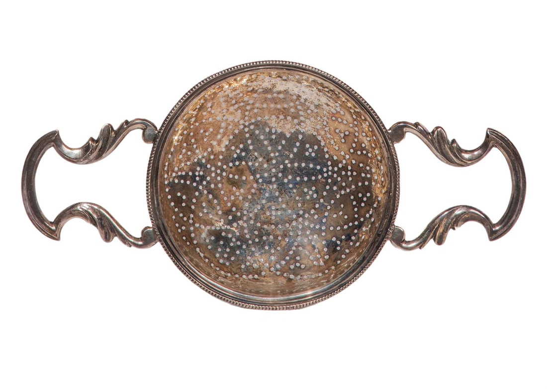 RARE ANTIQUE ENGLISH SILVER TEA STRAINER (1 of 8)