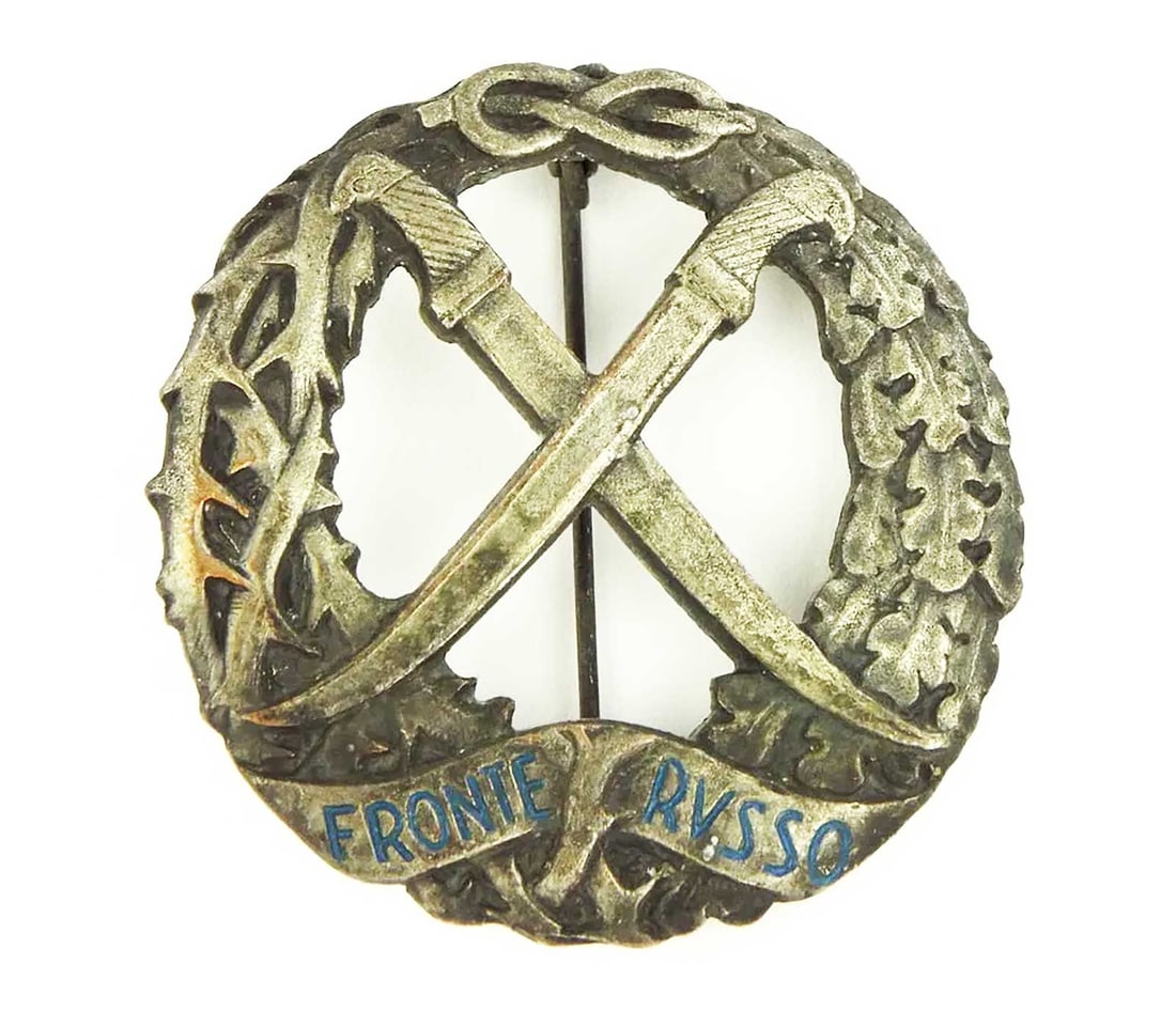 GERMAN WWII ITALIAN BADGE, RUSSIAN FRONT: Great Display Piece! GERMAN WWII ITALIAN BADGE for RUSSIAN FRONT Presented here is a rare WWII Nazi German Third Reich 'Russo Fronte' (Russian Front) Badge. The design features a wreath of thorns, sym