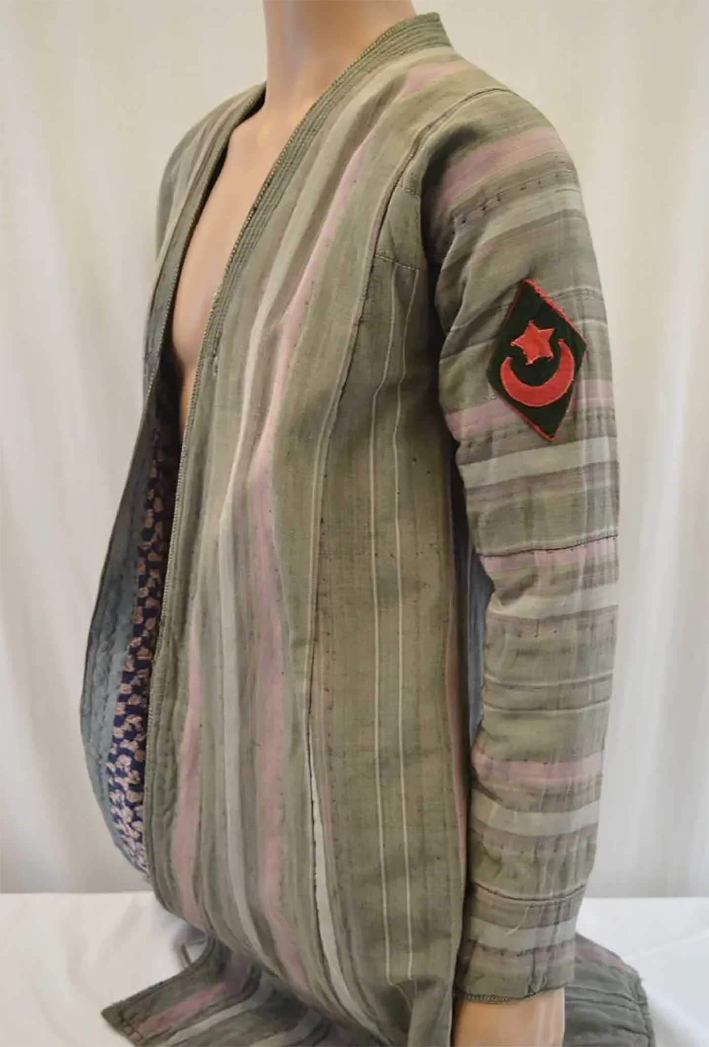 SOVIET-UZBEK TAJIK COLORFUL MILITARY ROBE, 1920's: Museum Item! EXTREMELY RARE ANTIQUE SOVIET-UZBEK TAJIK COLORFUL MILITARY ROBE, 1920's Antique Uzbek Tajik colorful military robe, circa 1920s, from the early Soviet era. This is a very rare item featu