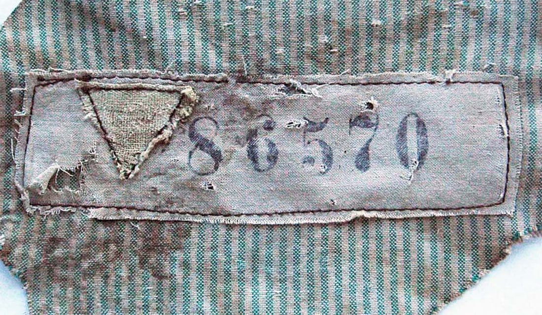 GERMAN WWII PATCH w. YELLOW TRIANGLE fr. AUSCHWITZ: Great Display Piece! AUSCHWITZ CONCENTRATION CAMP JEWISH PRISONER PATCH (WORN on CIVILIAN CLOTHING) This rare artifact is a prisoner’s patch from the Auschwitz concentration camp, intended to be wor