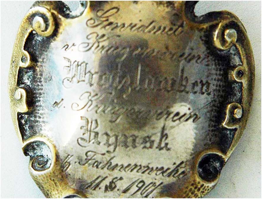 GERMAN SILVER SHIELD for FLAG NAIL BADGE: Rare and Collectible! GERMAN 800 SILVER SHIELD for FLAG NAIL BADGE Hand-engraved and finished Flag Nail, an honor badge, curved to fit around a flagpole. It is engraved with the inscription 'GEWIDMET 