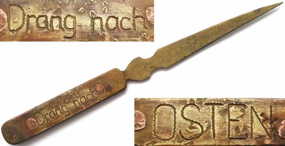 GERMAN WWII KNIFE - DRANG NACH OSTEN: Rare and Collectible! GERMAN WWII KNIFE DRANG NACH OSTEN, 1941 German WWII knife with 'DRANG NACH OSTEN' engraving from 1941, used for opening envelopes. The text is engraved using an old technique an