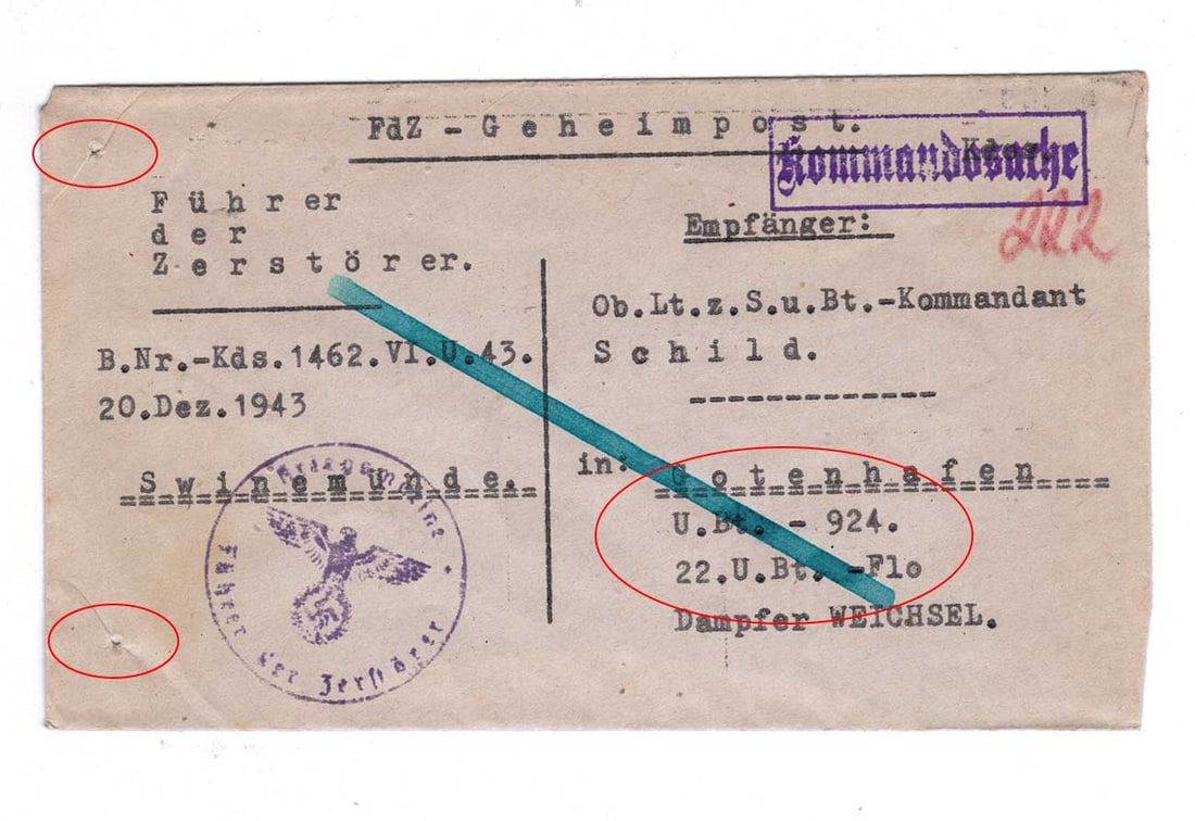 EXTREMELY RARE GERMAN WWII POST, U-BOAT U-924, 1943: Great Display Piece! EXTREMELY RARE GERMAN WWII POST, U-BOAT U-924, 1943 from ARCHIVE For your consideration is a German WWII post from U-Boat U-924, dated 1943. The letter is marked as TOP SECRET (Ge