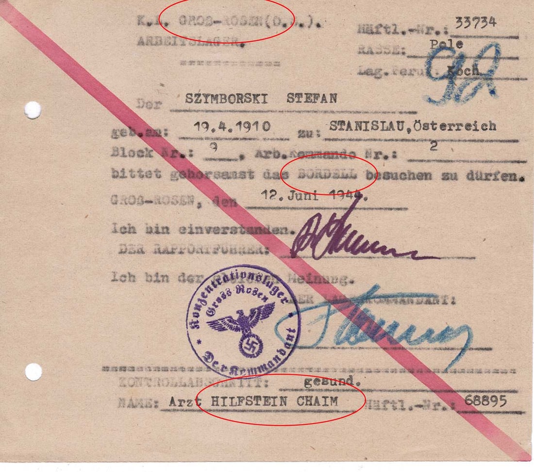 GERMAN WWII BROTHEL VISIT PERMIT at KL, 1944 (1 of 9)