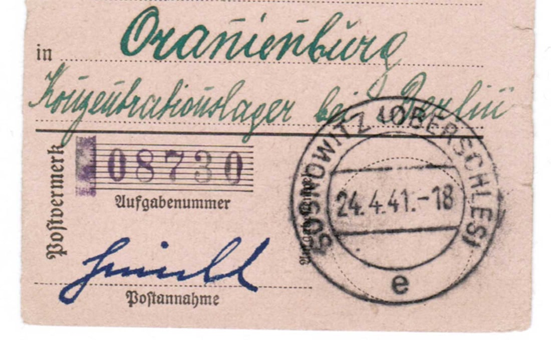 GERMAN WWII POSTAL RECEIPT fr. ORANIENBURG KL, KZ: Great Display Piece! With Huge Historical Value! RARE GERMAN WWII POSTAL RECEIPT from ORANIENBURG CONCENTRATION CAMP, 1942 German WWII postal receipt from Oranienburg Concentration Camp: 60 RM was sen