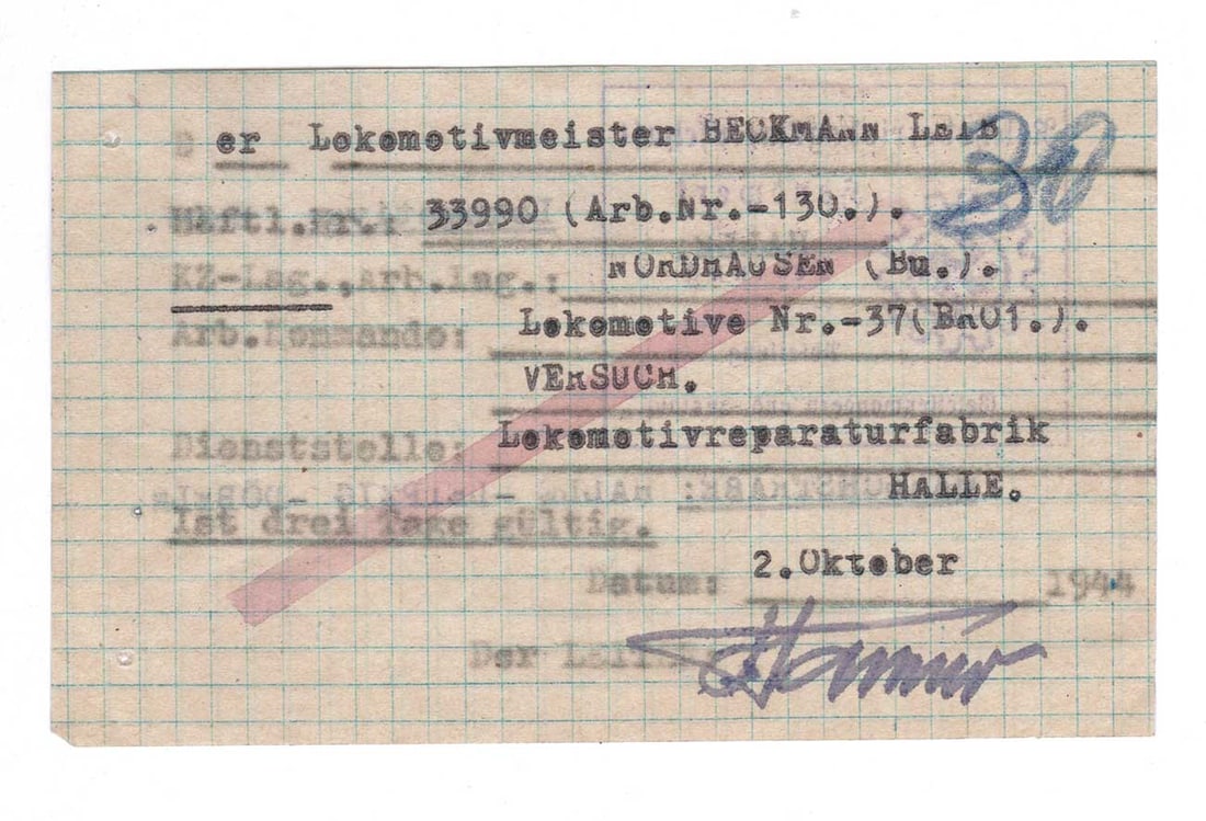 JEWISH WWII ORDER to WORK fr. BUCHENWALD, 1944: Great Display Piece! JEWISH WWII ORDER to WORK from the BUCHENWALD, 1944 - from the ARCHIVE Presented here is a rare German WWII forced labor order. The document is dated October 02, 1944, and reflect