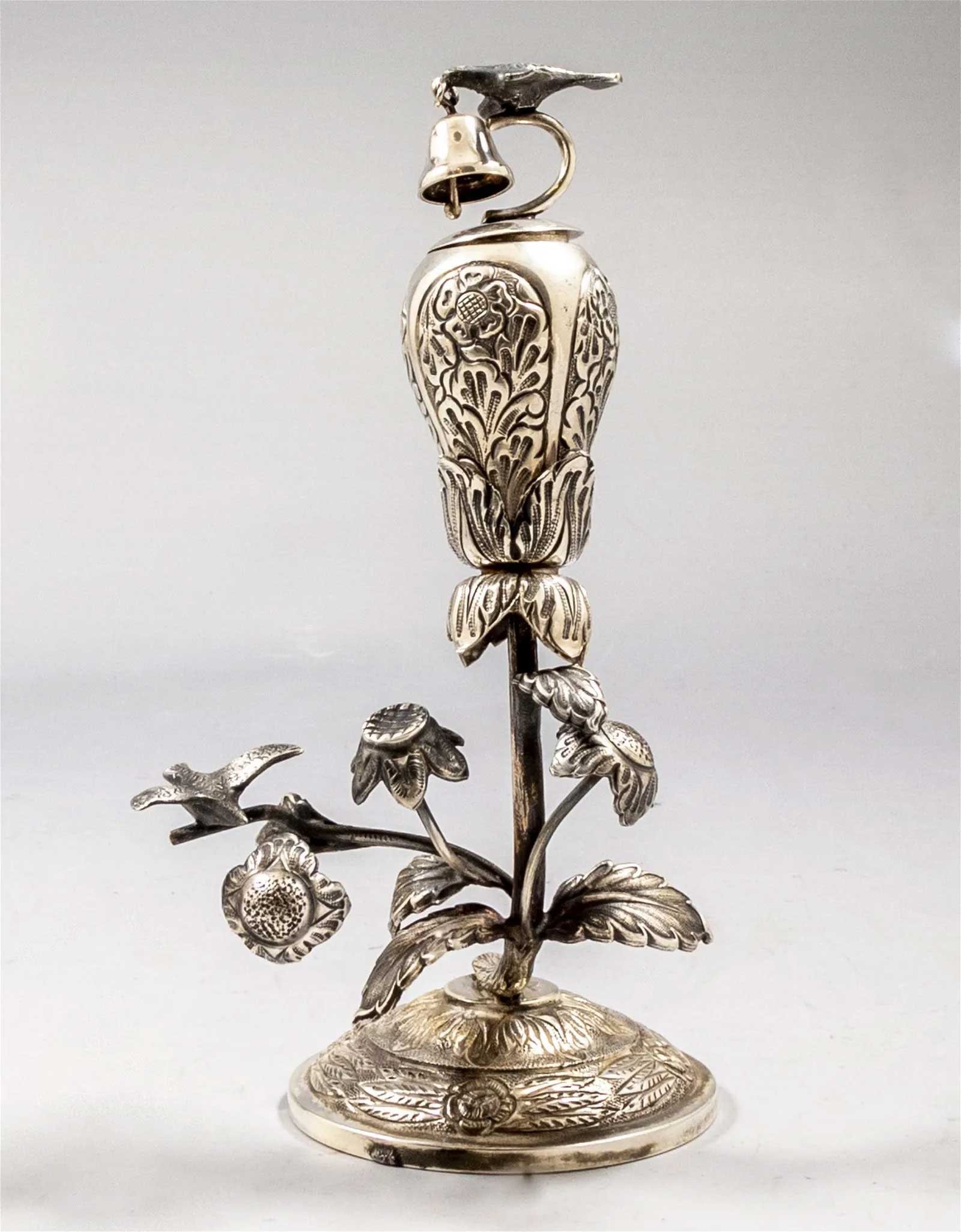 ANTIQUE SILVER BESAMIM, JUDAICA 19c.: Great Display Piece! With Huge Historical Value! RARE ANTIQUE SILVER BESAMIM SPICE CONTAINER, JUDAICA 19th CENTURY Unusual Judaica silver Besamin in the shape of a flower. With Birds and Lion Motif. C
