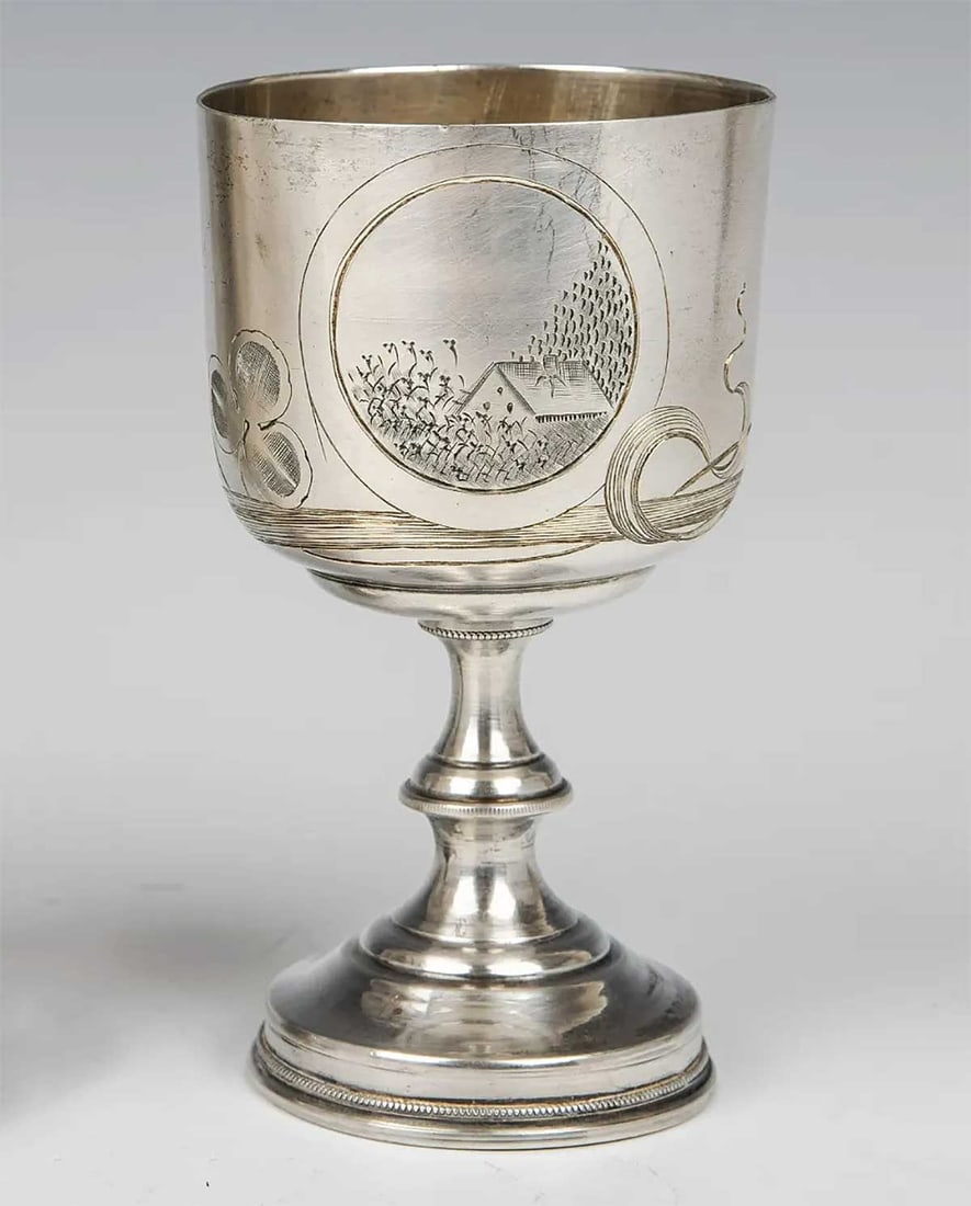 LARGE SILVER JEWISH KIDDUSH GOBLET, 19c.: Lifetime Warranty! RARE ANTIQUE LARGE SILVER JEWISH KIDDUSH GOBLET, 19th CENTURY This is a large silver Jewish Kiddush goblet from 19th-century Russia, featuring a round base and engraved with Art Nou