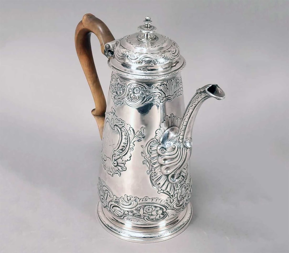 GEORGE II ENGLISH SILVER TEA & COFFEE POT, 1740 (1 of 14)