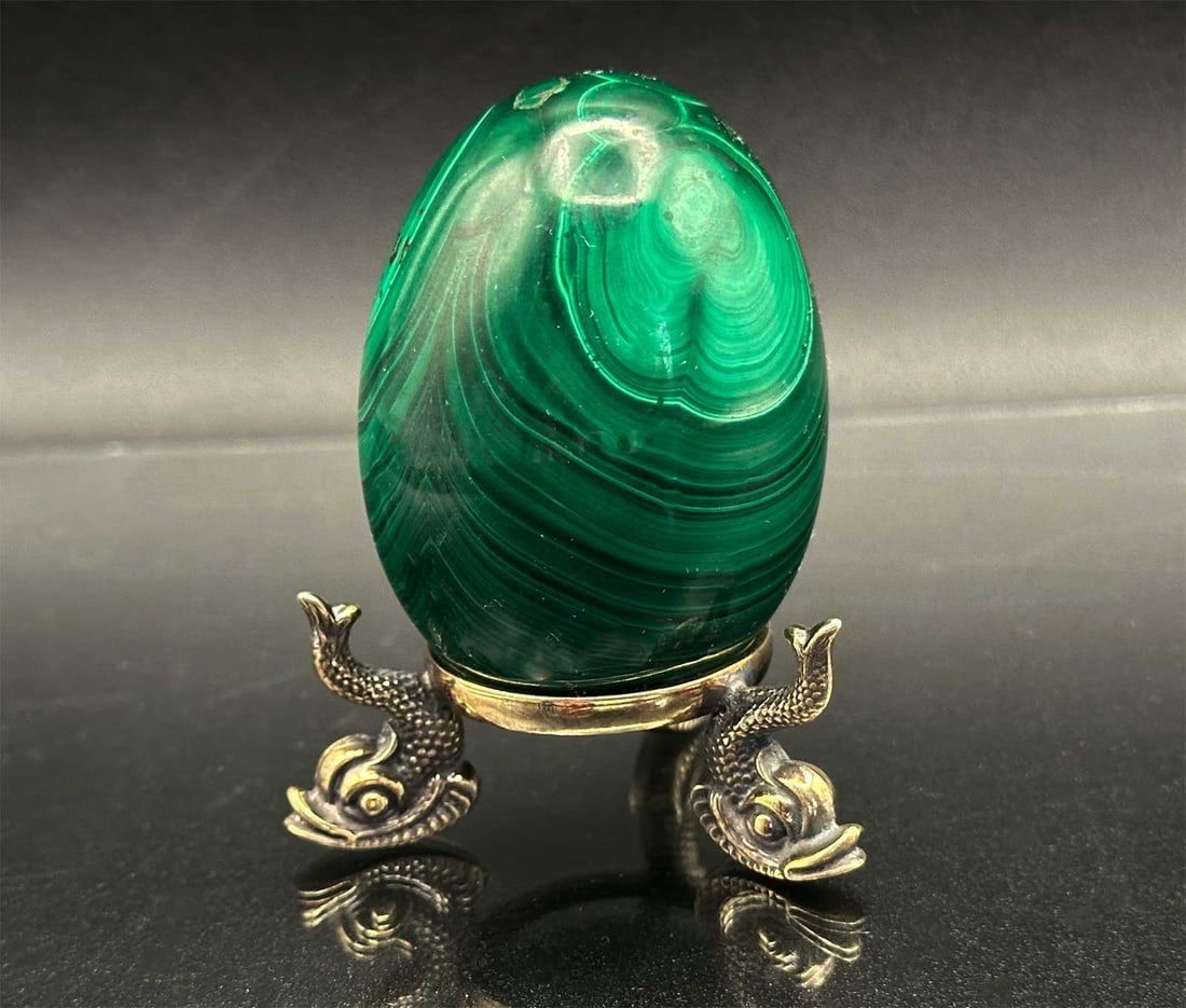 RUSSIAN MALACHITE EGG on SILVER DOLPHIN BASE (1 of 13)