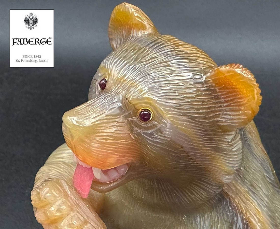 FABERGE - EXTREMELY RARE LARGE FIGURINE of BEAR: Flexible Payments: Pay Over 3–6 Months! FABERGE - EXTREMELY RARE LARGE RUSSIAN FIGURINE of BEAR For your viewing pleasure, a Russian agate model of a bear carved sitting and licking a raised paw, th