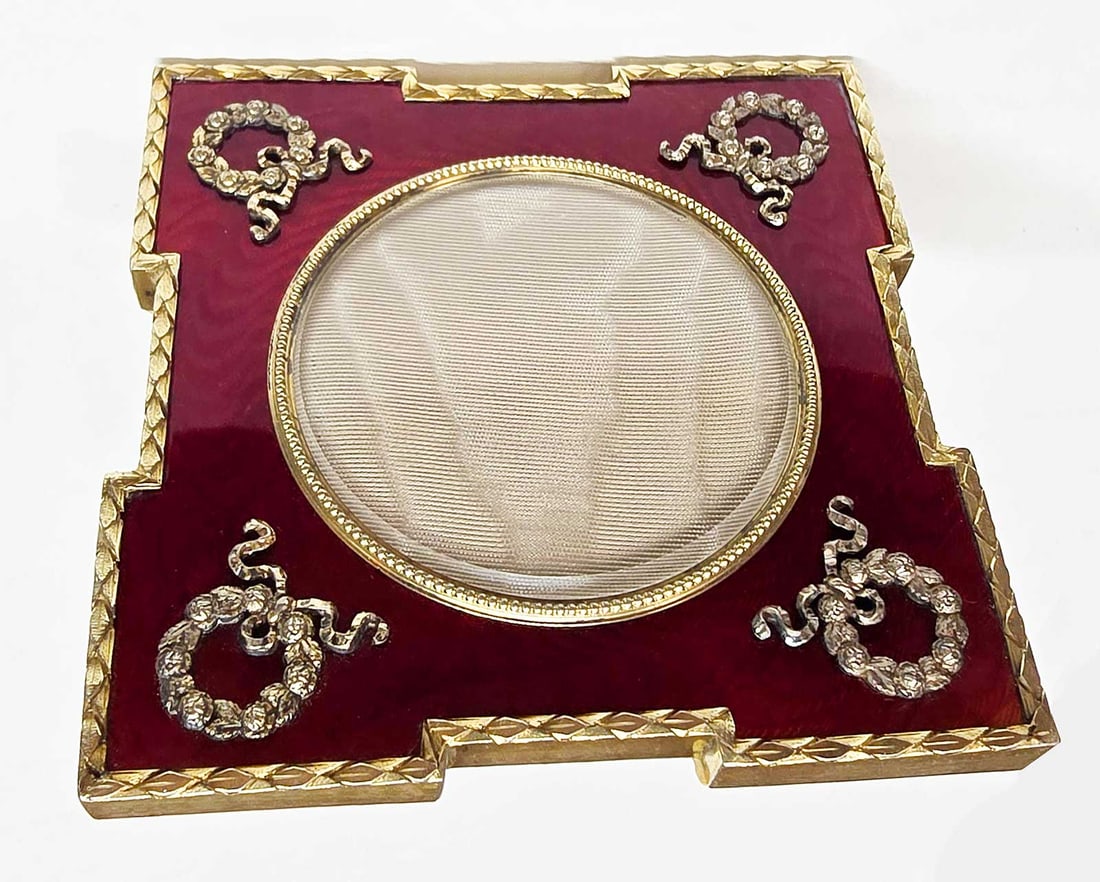 FABERGE - SILVER & ENAMEL PICTURE FRAME fr. SOTHEBY's: LifeTime Warranty! Flexible Payments: Pay Over 3–6 Months! FABERGE - SILVER and ENAMEL PICTURE FRAME from SOTHEBY's This Russian gilt silver picture frame features a rich red enamel surface, accente