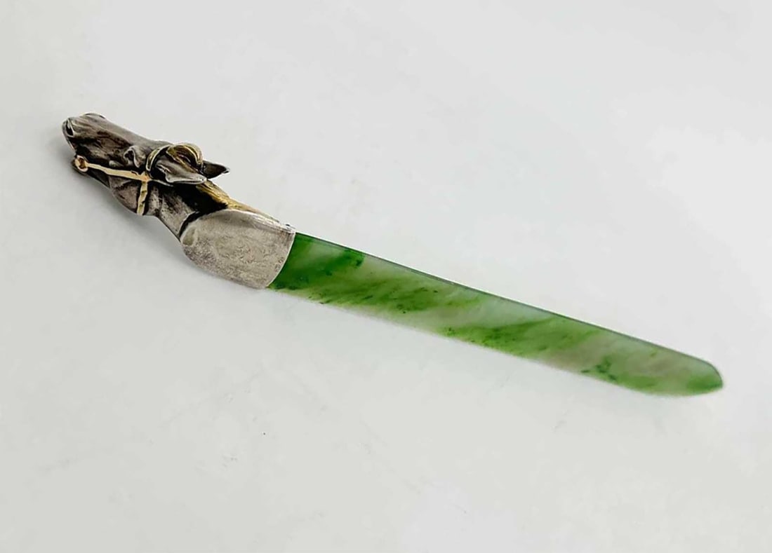 FABERGE - SILVER & JADE HORSE HEAD LETTER OPENER - 3