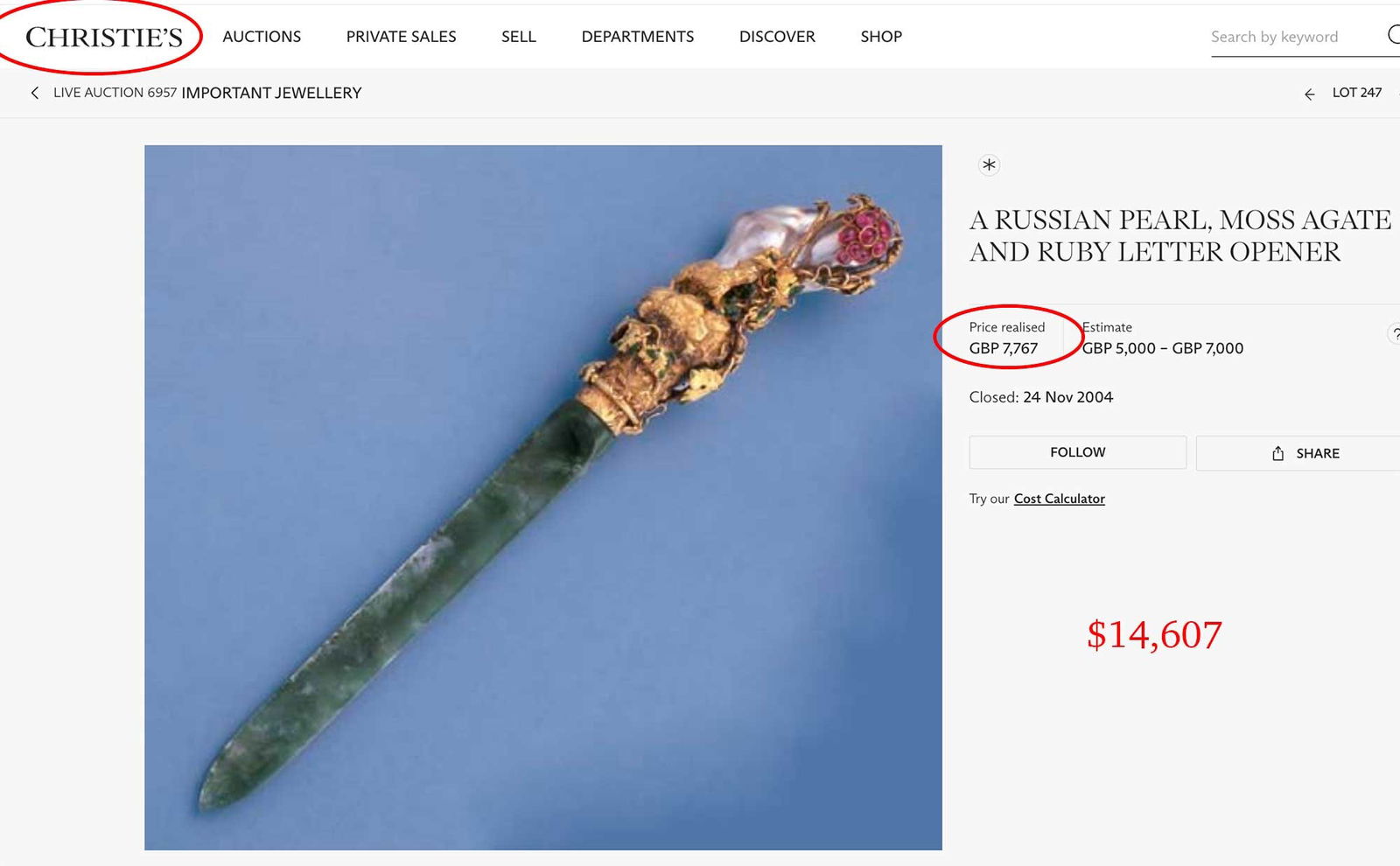 FABERGE - SILVER & JADE HORSE HEAD LETTER OPENER - 9