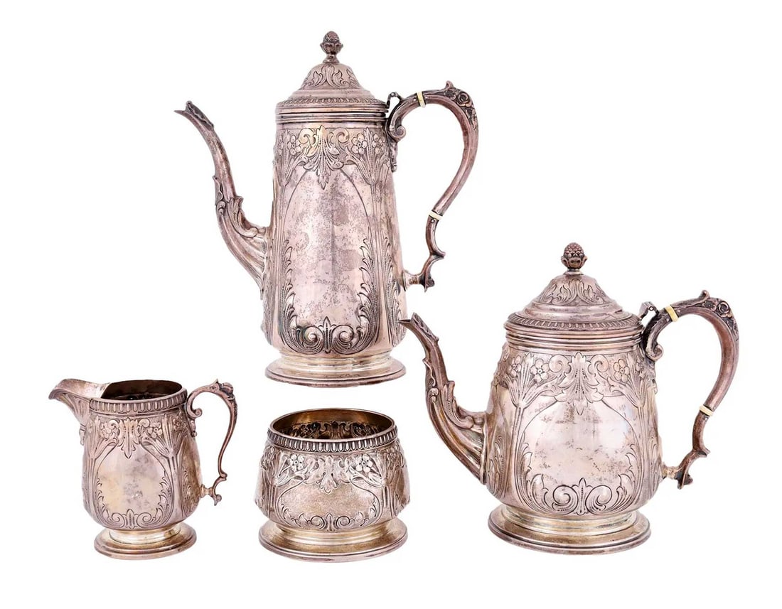 AMERICAN ANTIQUE SILVER TEA COFFEE SET, 19c. (1 of 20)