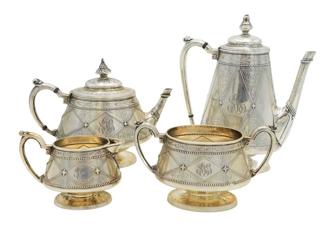 ENGLISH ANTIQUE SILVER TEA & COFFEE SET: LifeTime Warranty! Flexible Payments: Pay Over 3–6 Months! ANTIQUE ENGLISH SILVER TEA and COFFEE SERVICE, SET, Robert HENNELL This set from London comprises a teapot, a coffee pot, a creamer, and a