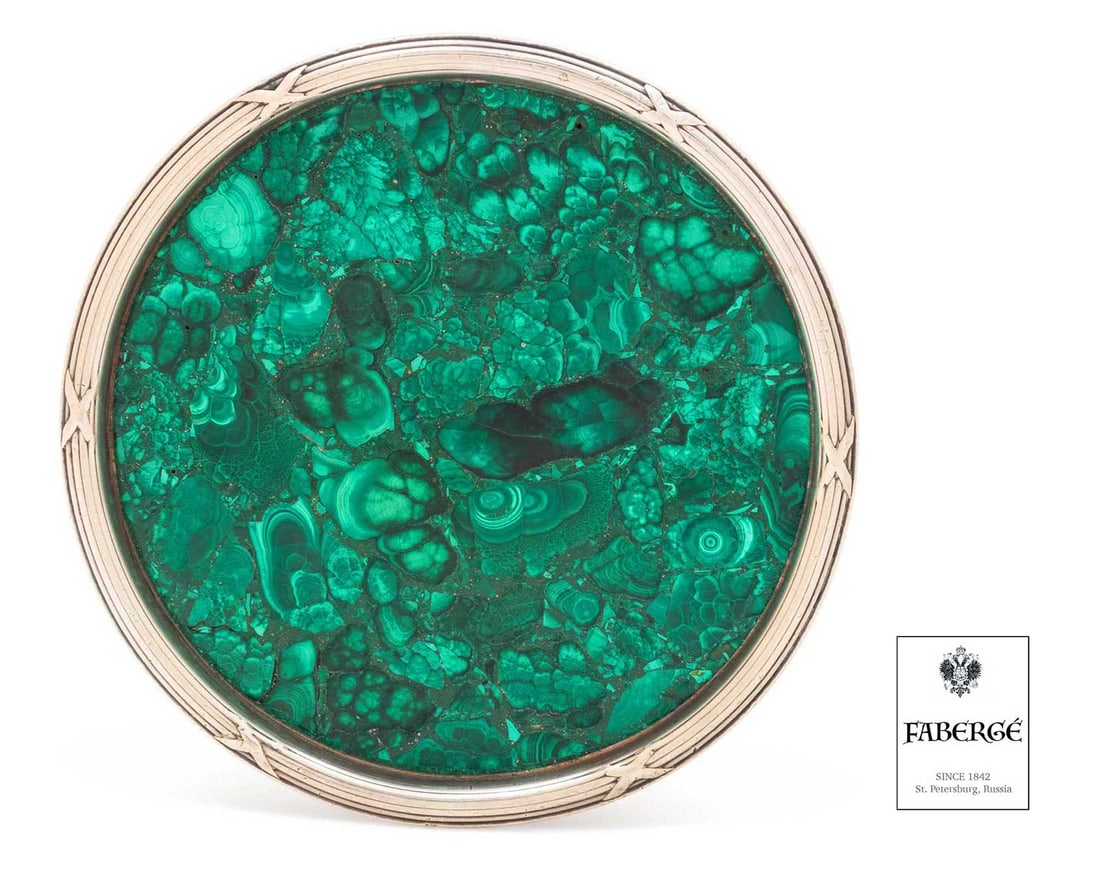 FABERGE - SILVER & MALACHITE COASTER, SAUCER: LifeTime Warranty! Flexible Payments: Pay Over 3–6 Months! FABERGE - SILVER and MALACHITE COASTER, SAUCER FABERGE Silver and Malachite Coaster. A nice Faberge item. When you touch and hold a piece o