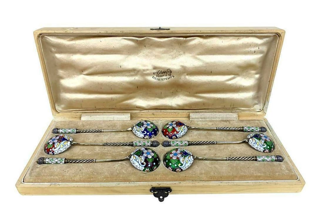 FABERGE - RUSSIAN SILVER ENAMEL 6 TEA SPOONS (1 of 20)