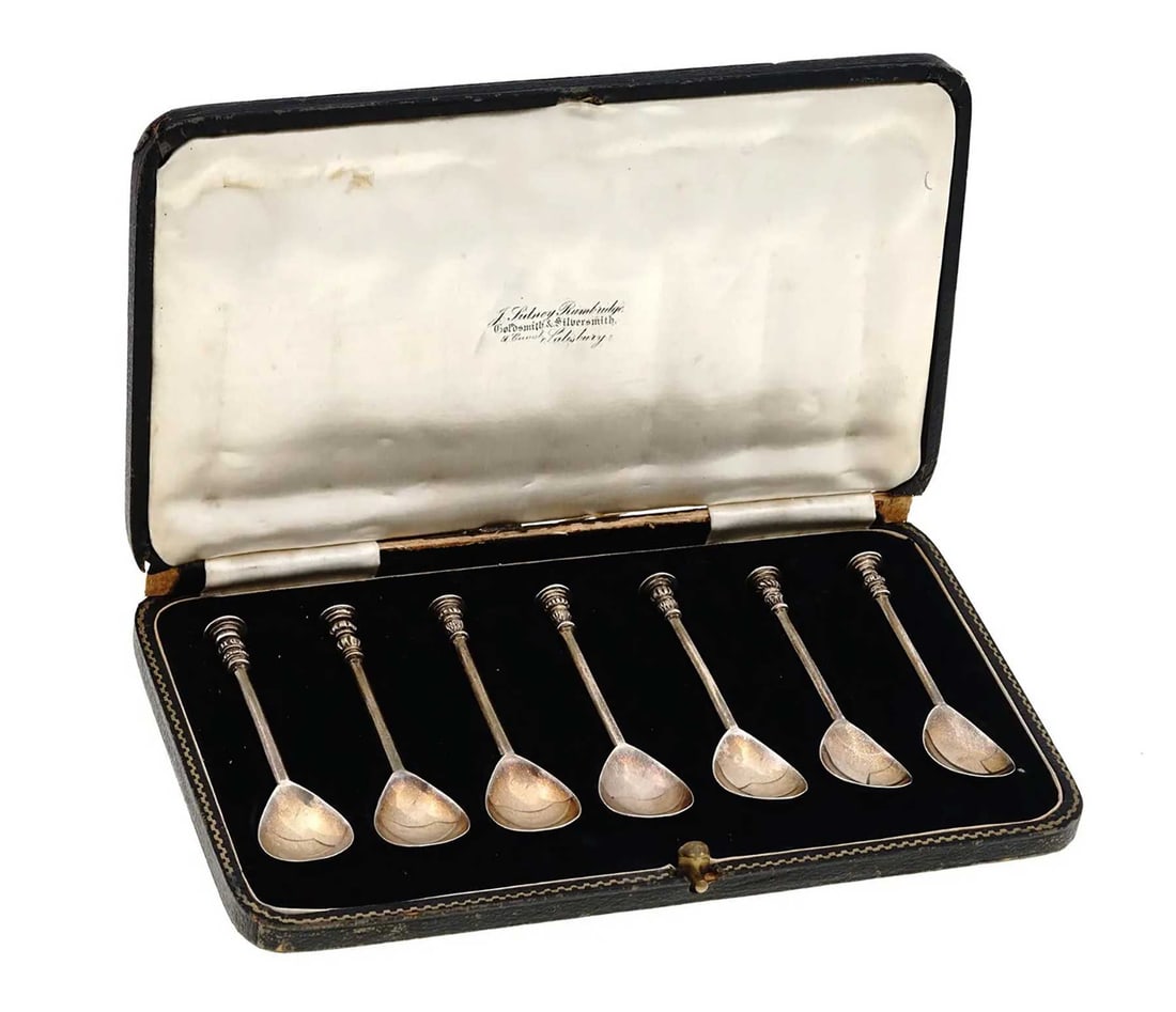 ANTIQUE ENGLISH SILVER SPOONS SET, BOXED - 2