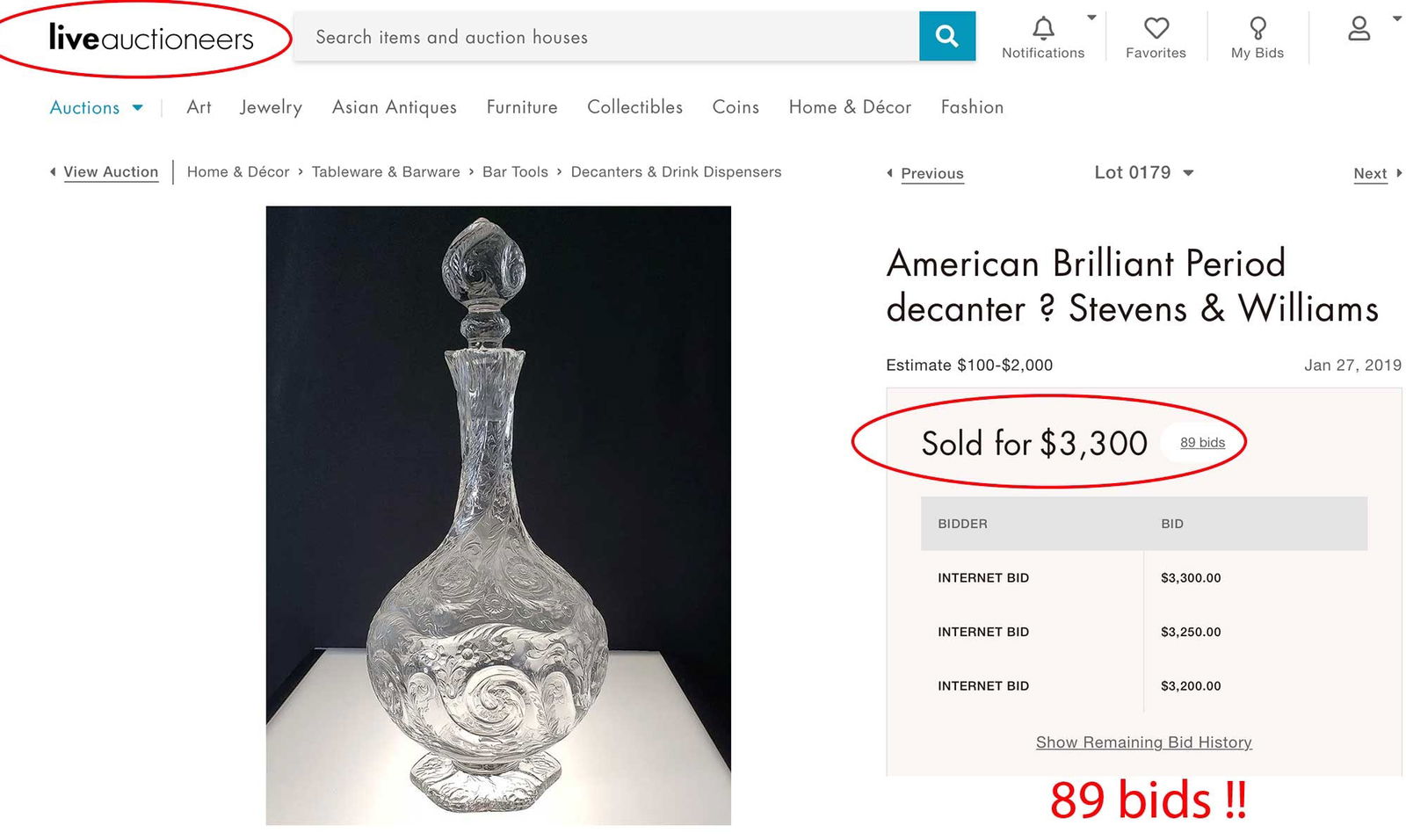 AMERICAN CUT GLASS DECANTER w. SILVER STOPPER - 9