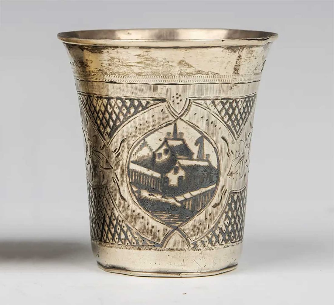 ANTIQUE RUSSIAN NIELLO SILVER KIDDUSH CUP, 1885: LifeTime Warranty! Flexible Payments: Pay Over 3–6 Months! RARE ANTIQUE RUSSIAN NIELLO SILVER KIDDUSH CUP, 19th CENTURY This is a Russian niello silver kiddush cup from the 19th century, decorated