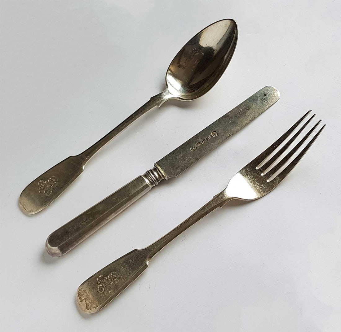 FABERGE - RUSSIAN SILVER FLATWARE SET, 1896: LifeTime Warranty! Price Reduced — Limited-Time Offer! FABERGE - RUSSIAN SILVER FLATWARE SET, 1896 This lovely set includes a silver table spoon, fork, and knife, each adorned with a script monogram