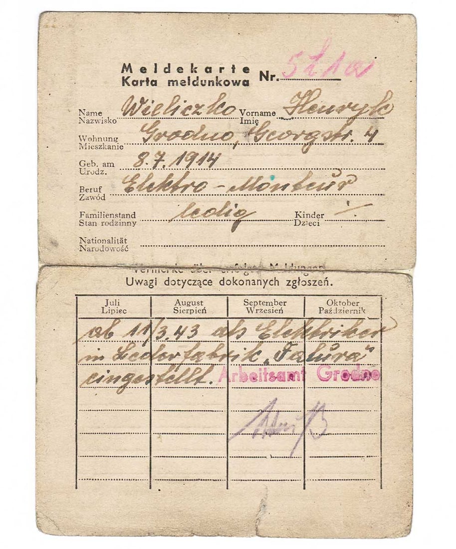 GERMAN WWII REGISTRATION CARD for OST WORKER, 1943: Display Item! Price Reduced — Limited-Time Offer! GERMAN WWII REGISTRATION CARD for OST WORKER, 1943 German WWII registration card for an OST worker, 1943. This document was issued in Grodno, which 
