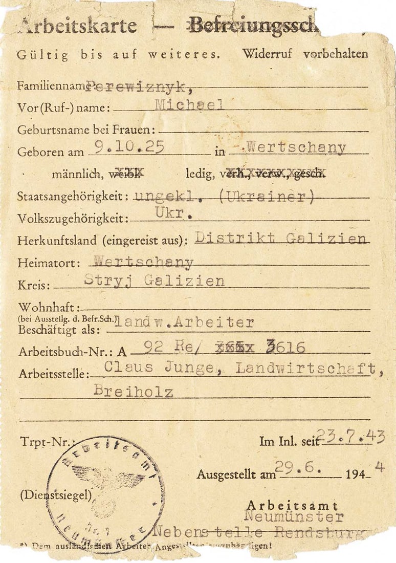 GERMAN WWII ARBEITSKARTE, UKRAINIAN WORKER, 1943 (1 of 8)