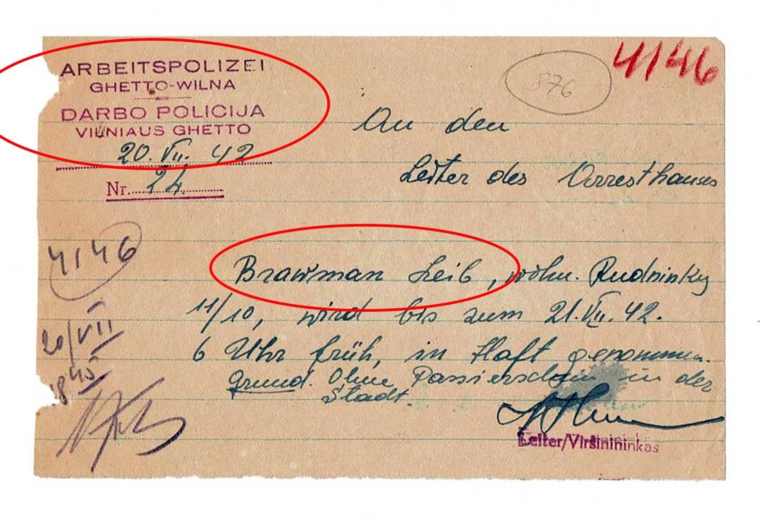 JEWISH HOLOCAUST WWII ARREST WARRANT, GHETTO, 1942: Museum Item! Price Reduced — Limited-Time Offer! EXTREMELY RARE JEWISH HOLOCAUST WWII ARREST WARRANT from GHETTO in LITHUANIA, 1942 Jewish Holocaust WWII Arrest Warrant from the Ghetto in Lithuania,