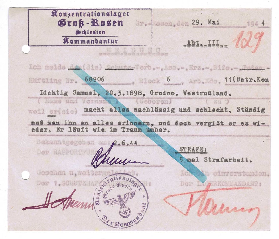 GERMAN WWII PUNISHMENT RECORD for KL PRISONER (1 of 10)