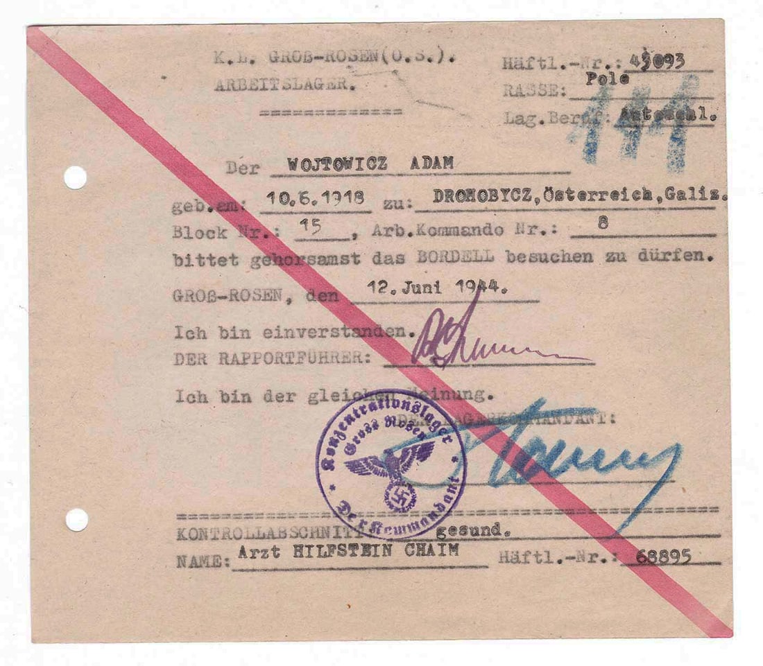 GERMAN WWII BROTHEL VISIT PERMIT at KL, 1944 (1 of 10)