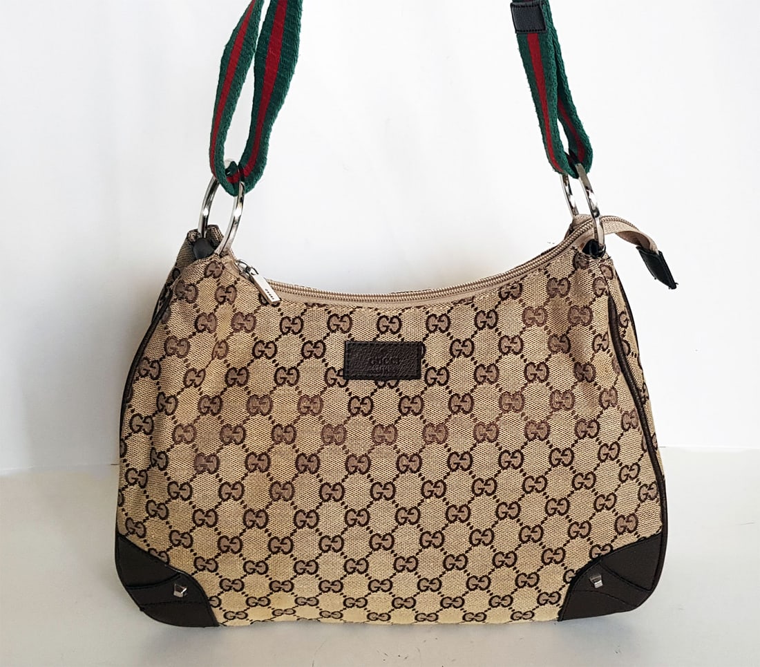 GUCCI BEIGE SMALL OPHIDIA SHOULDER BAG: USED GUCCI CANVAS VINTAGE HOBO MONOGRAM SHOULDER BAG Beige Small Ophidia GG Shoulder Bag. Crafted in GG Supreme canvas, it's trimmed with textured leather and topped with Double G hardware. Adjustable