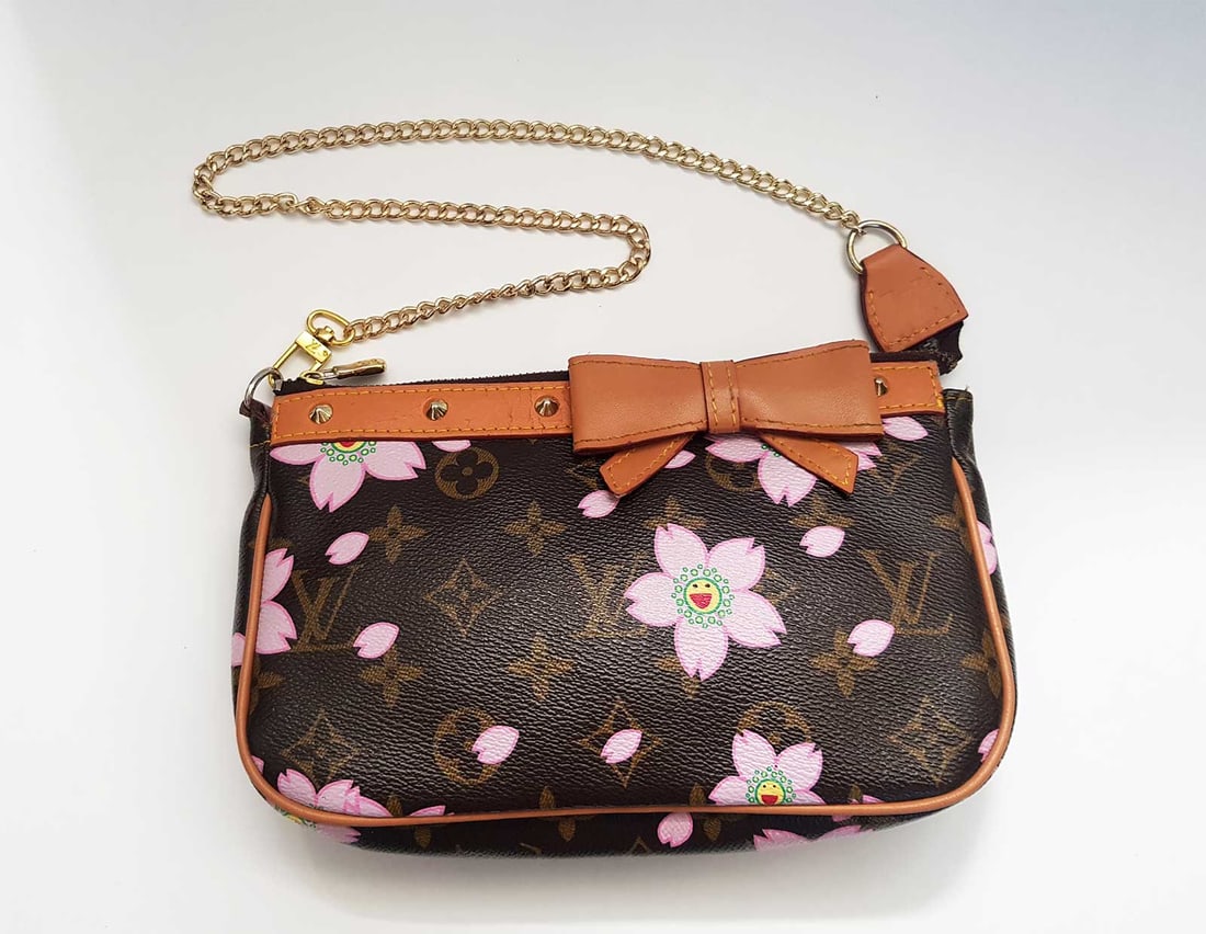 LOUIS VUITTON CHERRY BLOSSOM POCHETTE M51980: PRE_OWNED LOUIS VUITTON VINTAGE TAKASHI MURAKAMI EDITION CHERRY BLOSSOM ACCESSORY POUCH BAG in BROWN MONOGRAM CANVAS Extremely cute Louis Vuitton Limited Edition pochette with pink cherry blossom flow