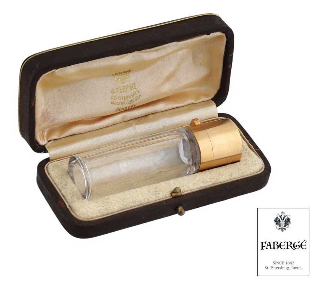 FABERGE - GOLD & DIAMONDs PERFUME BOTTLE: Lifetime Warranty! Price Reduced — Limited-Time Offer! FABERGE - GOLD and DIAMONDs CRYSTAL GLASS PERFUME BOTTLE in BOX This is an exquisite Russian Empire crystal glass perfume bottle. It features a