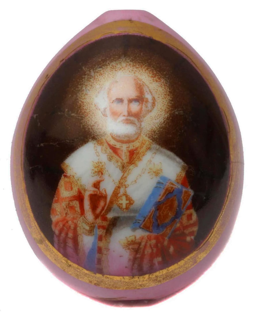 RUSSIAN PORCELAIN EASTER EGG St.NICHOLAS, 19c.: Prestigious Gift! Price Reduced — Limited-Time Offer! RARE ANTIQUE RUSSIAN IMPERIAL PORCELAIN EASTER EGG SAINT NICHOLAS, 19th CENTURY Late 19th-century Russian Imperial porcelain Easter egg depictin