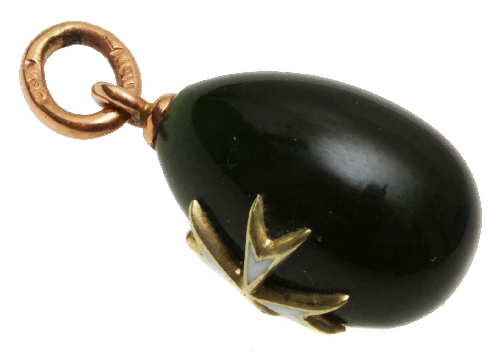 RUSSIAN GOLD JADE EGG PENDANT w. MALTESE CROSS: Flexible Payments: Pay Over 3–6 Months! ANTIQUE RUSSIAN GOLD JADE EGG PENDANT with MALTESE CROSS Pendant carved from jadeite in the shape of an Easter egg with a gold Maltese Cross covered in white