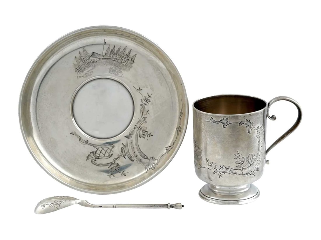 RUSSIAN GILT SILVER CUP, SAUCER, SPOON (1 of 13)