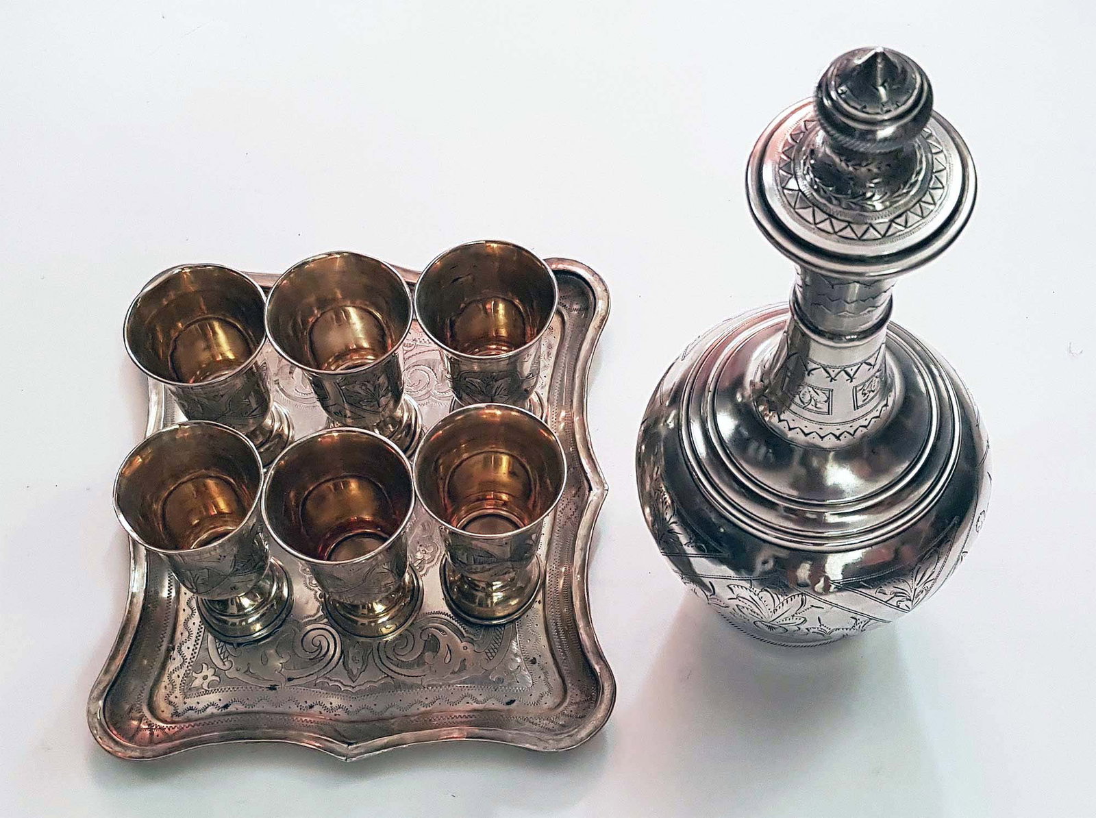 RUSSIAN SILVER WINE SET w. TRAY & SIX CUPS, 1858 (1 of 19)